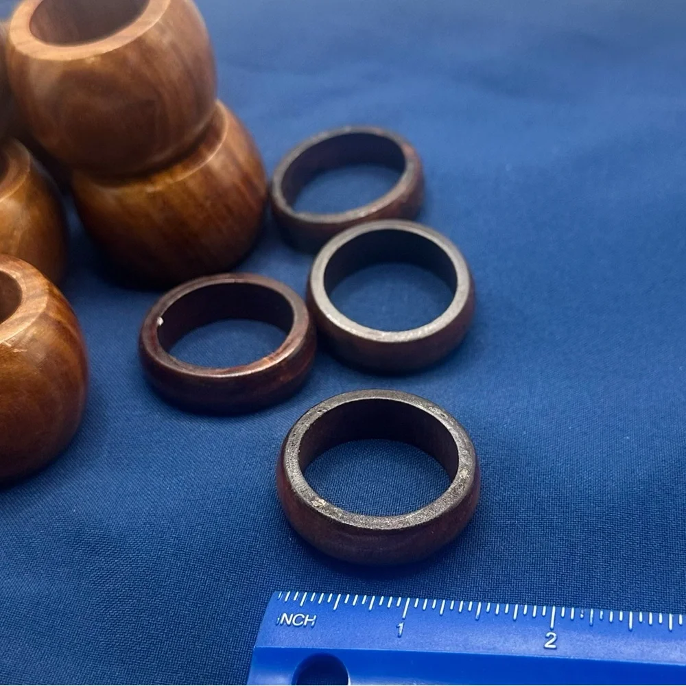 Vintage Mid-Century Modern Wooden Napkin Ring Set - 10 Piece